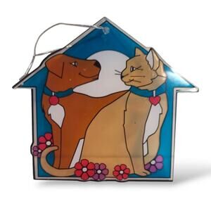 Dog & Cat House with Red Flowers Suncatcher Plastic Brown Blue Tan